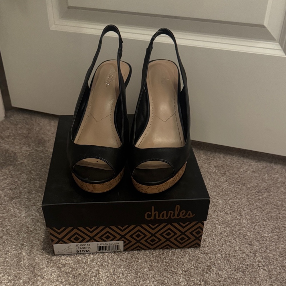 Charlies Black Peep-Toe Slingback Wedges